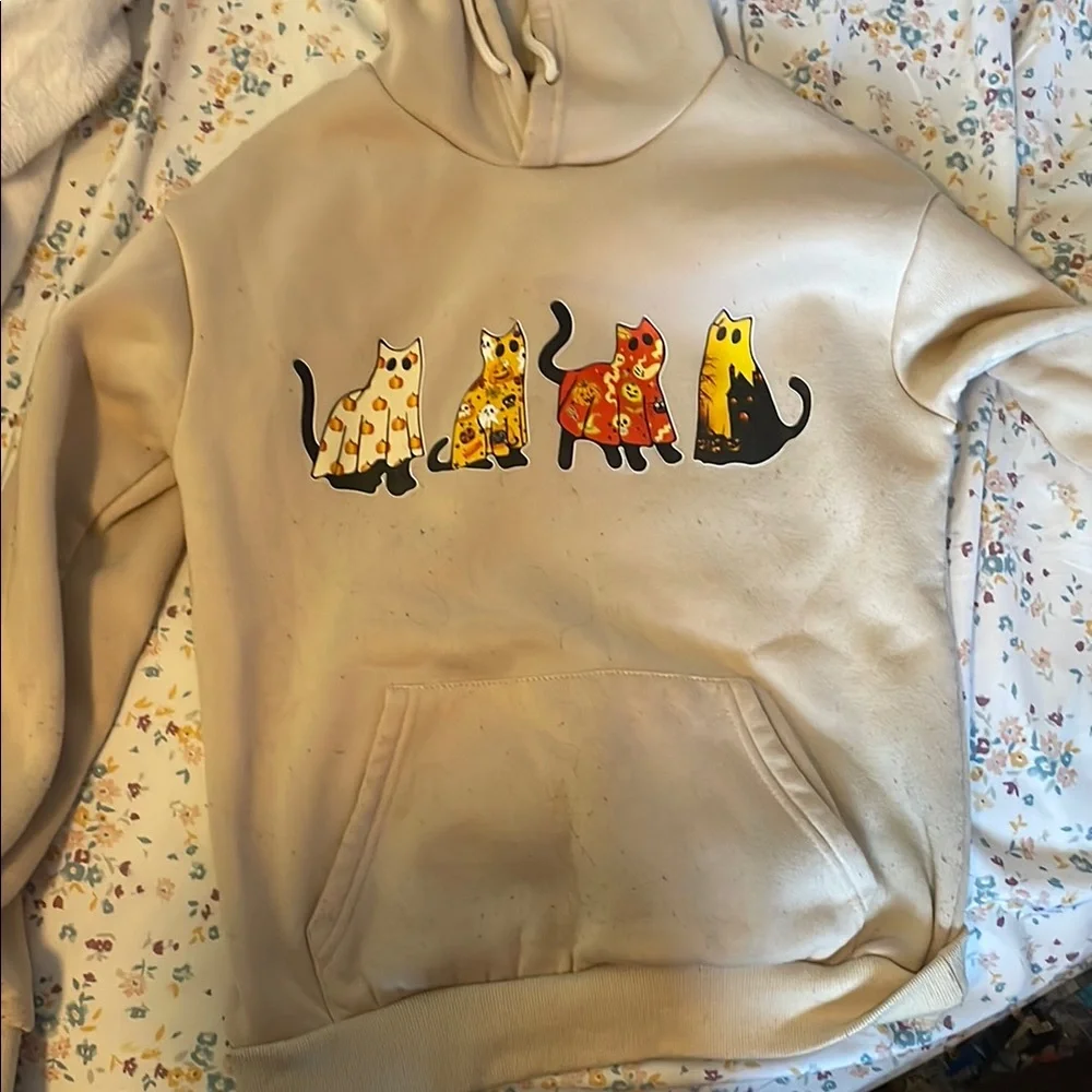 Cream Cat Print Hoodie